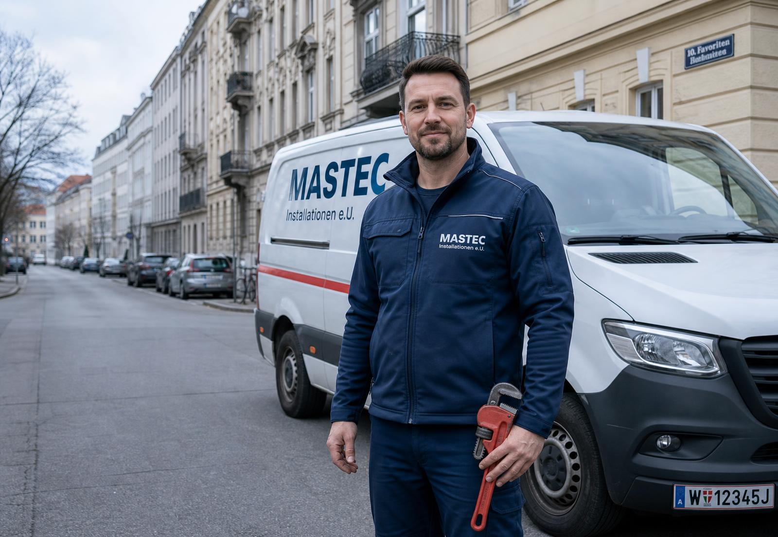 Mastec Team in Arbeitskleidung vor dem weißen Mastec Servicefahrzeug in Wien